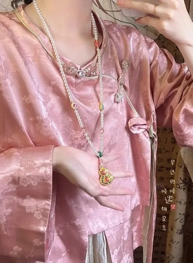 新中式复古圆牌串珠项链女马面裙汉服旗袍毛衣链古风民族风配饰品