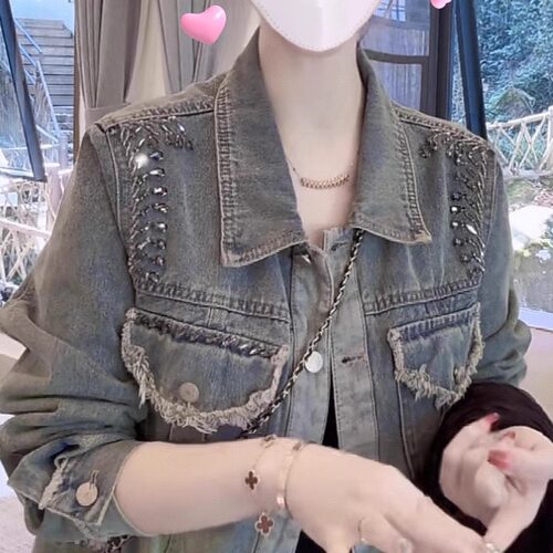 潮牌重工做旧钉珠毛边牛仔外套女2024年春夏新款复古港风短款上衣 - 图0