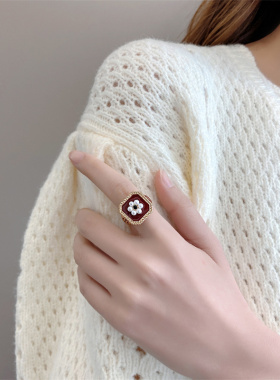 韩国设计感酒红色滴油水钻珍珠开口戒指2022时尚简约小众ins指环