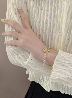 小众ins双层珍珠链条金币手链韩国东大门网红同款设计感学生手环