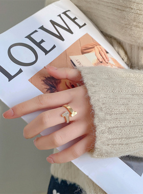 双T水钻开口戒指韩国东大门小众设计感轻奢网红个性学生几何指环