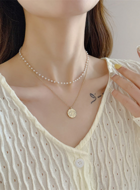 网红ins小众手作金币双层珍珠项链锁骨链韩国东大门同款简约饰品