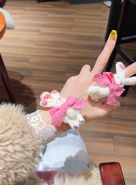 可爱兔子毛绒发夹波点蝴蝶结发饰卡通戒指手镯