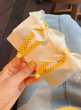 东大门新款柠檬黄结大肠发圈百搭条纹可爱心扎发头绳发饰蝴蝶结