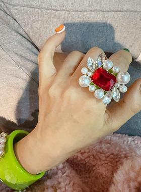 奢华优雅红钻珍珠彩宝戒指女士小众高级感戒指宴会婚礼饰品配饰款