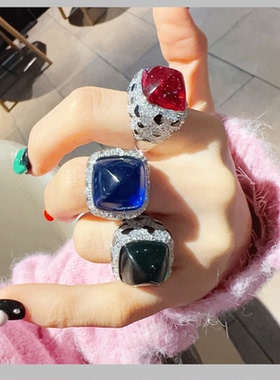 日韩卡通可爱少女原创新款闪粉彩色豹子大糖塔甜美戒指宝石