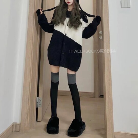 日系拼色小腿袜黑灰纯色堆堆袜长筒过膝袜女JK长袜子ins瘦腿棉袜