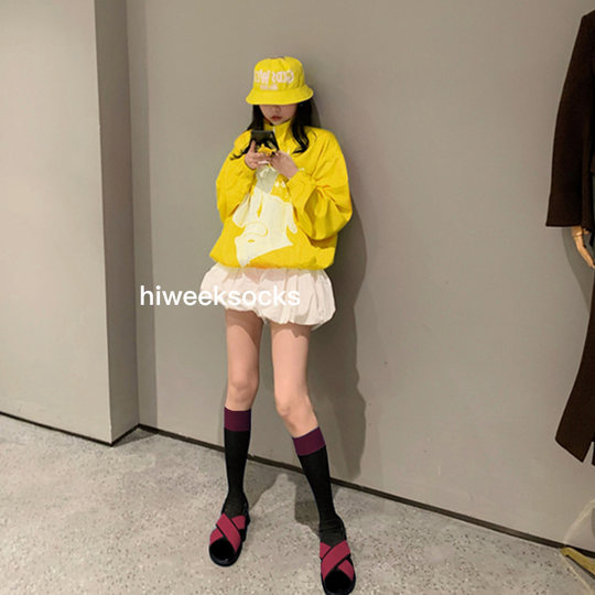 日系拼色小腿袜黑灰纯色堆堆袜长筒过膝袜女JK长袜子ins瘦腿棉袜