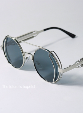 末日废土风格超酷红色墨镜UV400蒸汽朋克圆形金属未来感太阳眼镜