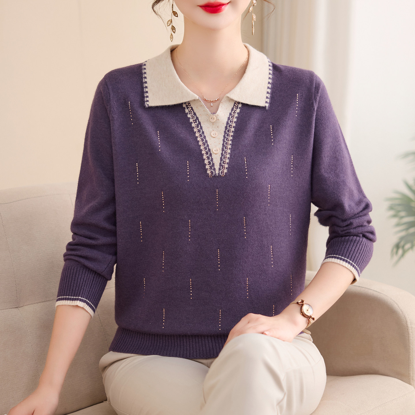 妈妈秋装2025新款长袖上衣服洋气中老年轻毛衣女秋冬装翻领打底衫,淘宝优惠券,粉丝福利购,淘宝优惠卷