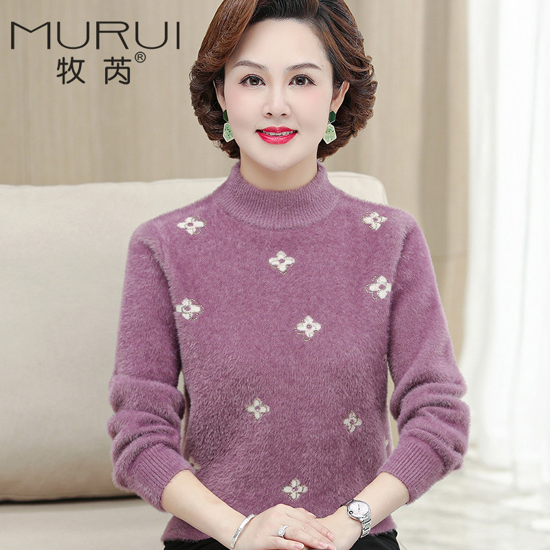 仿貂绒妈妈套头中老年女装洋气毛衣 牧芮中老年女装