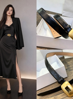 轻奢风裂纹牛皮女士腰带复古做旧方金扣搭配西装牛仔裤装饰皮带