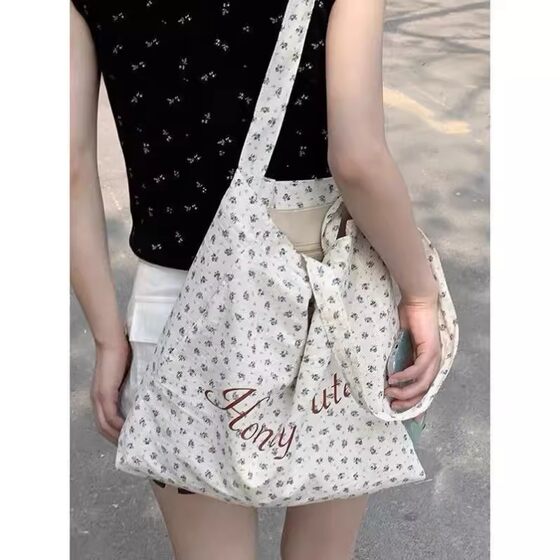 French Girly Moonlight Blue Floral Canvas Bag Original Retro Niche College Letter Large Capacity Shoulder Bag for Women