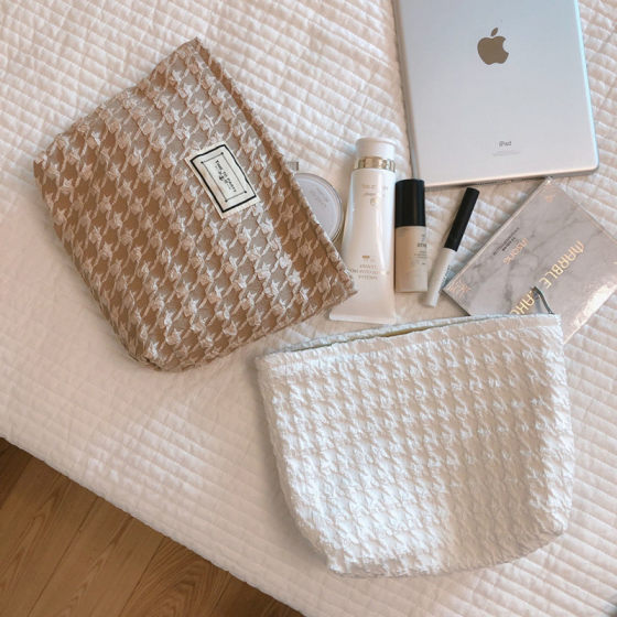 Houndstooth solid color cosmetic bag storage bag black and white temperament simple clutch bag student large capacity niche design