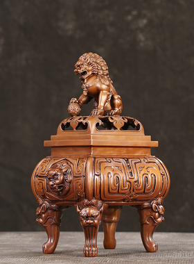 紫铜香炉家用纯铜祥狮钮狮耳四足