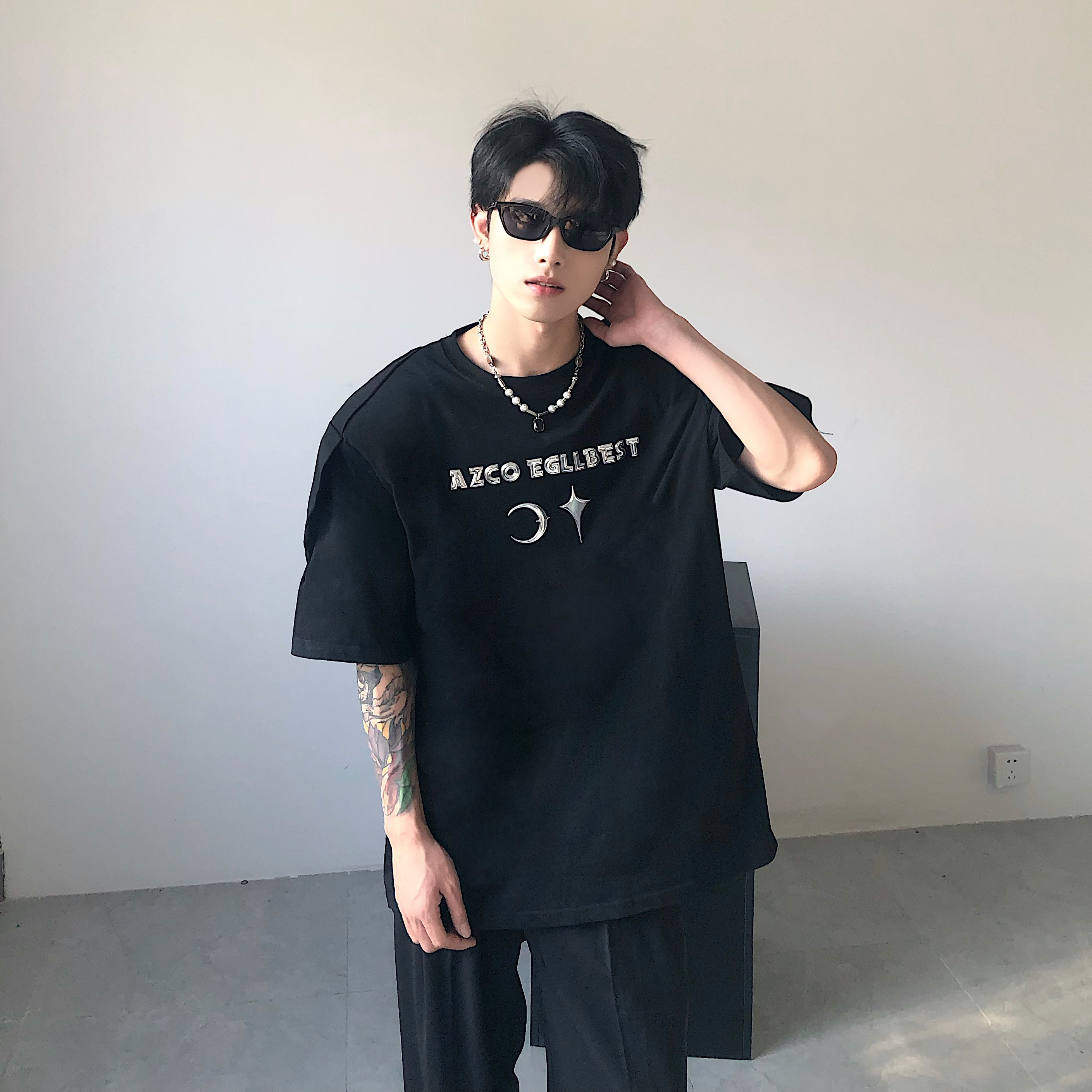 01H studios/小众立体金属结构设计感垫肩短袖男夏季高级感T恤潮 - 图1
