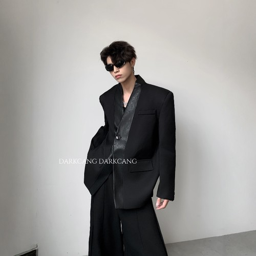 黑沧社/轻奢拼皮设计感贵气v领垫肩西装外套男秋季高级感廓形西服 - 图1