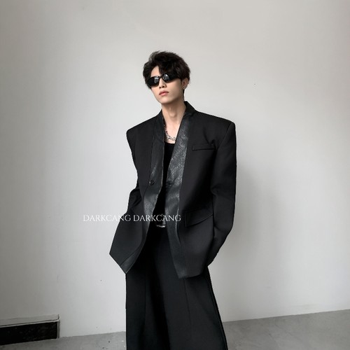 黑沧社/轻奢拼皮设计感贵气v领垫肩西装外套男秋季高级感廓形西服 - 图3