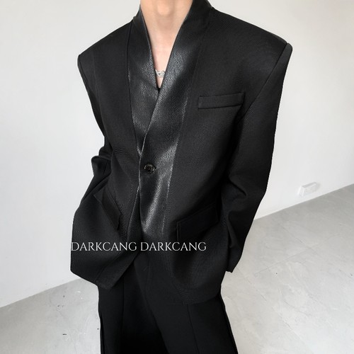 黑沧社/轻奢拼皮设计感贵气v领垫肩西装外套男秋季高级感廓形西服 - 图0