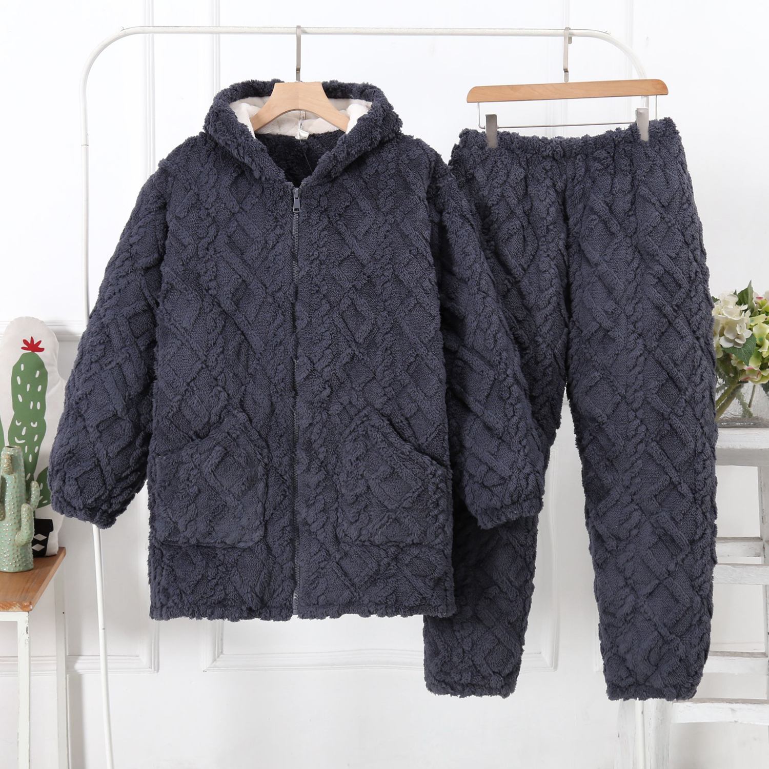 拉链帽子睡衣男冬中长款家居服套装加绒加厚三层夹棉可外穿棉衣裤 - 图2