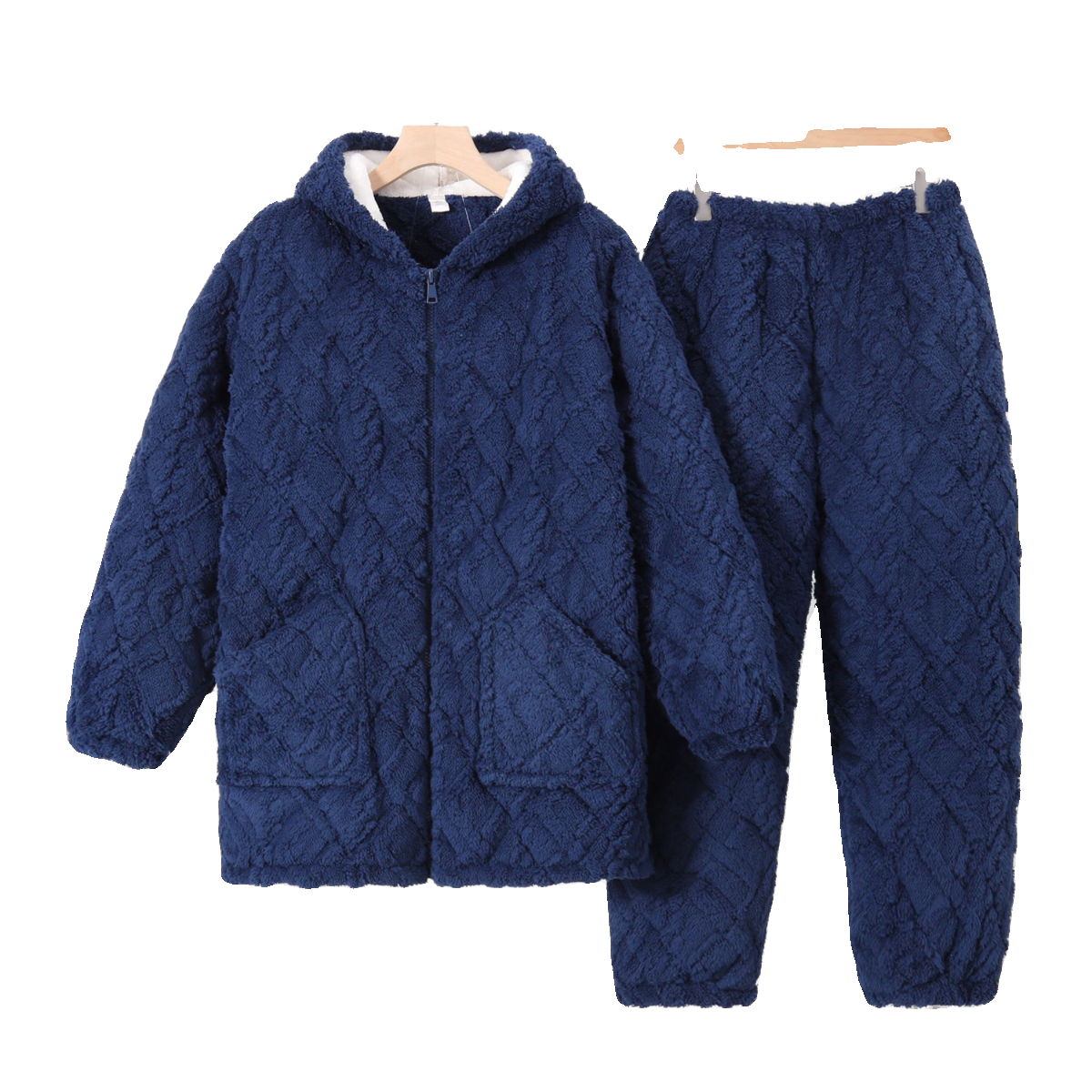 拉链帽子睡衣男冬中长款家居服套装加绒加厚三层夹棉可外穿棉衣裤 - 图3