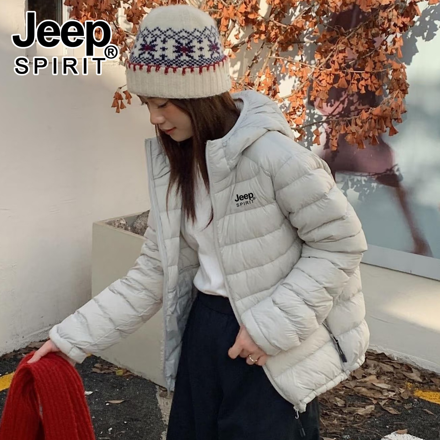 JEEP排骨羽绒服女秋冬季2025新款轻薄保暖内胆巨好看鸭绒连帽外套 - 图1