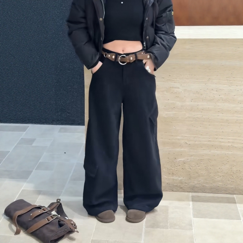 ZM.egg高端加绒加厚牛仔裤女2025新款冬季欧洲站口袋宽松阔腿裤潮 - 图1