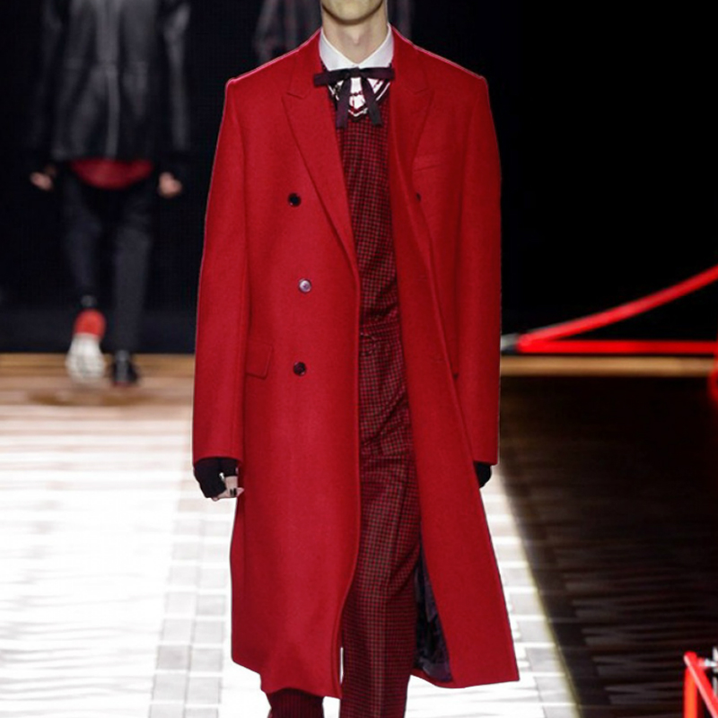 秋冬季羊毛呢子大衣男士双排扣中长款纯色外套休闲简约红色羊绒潮