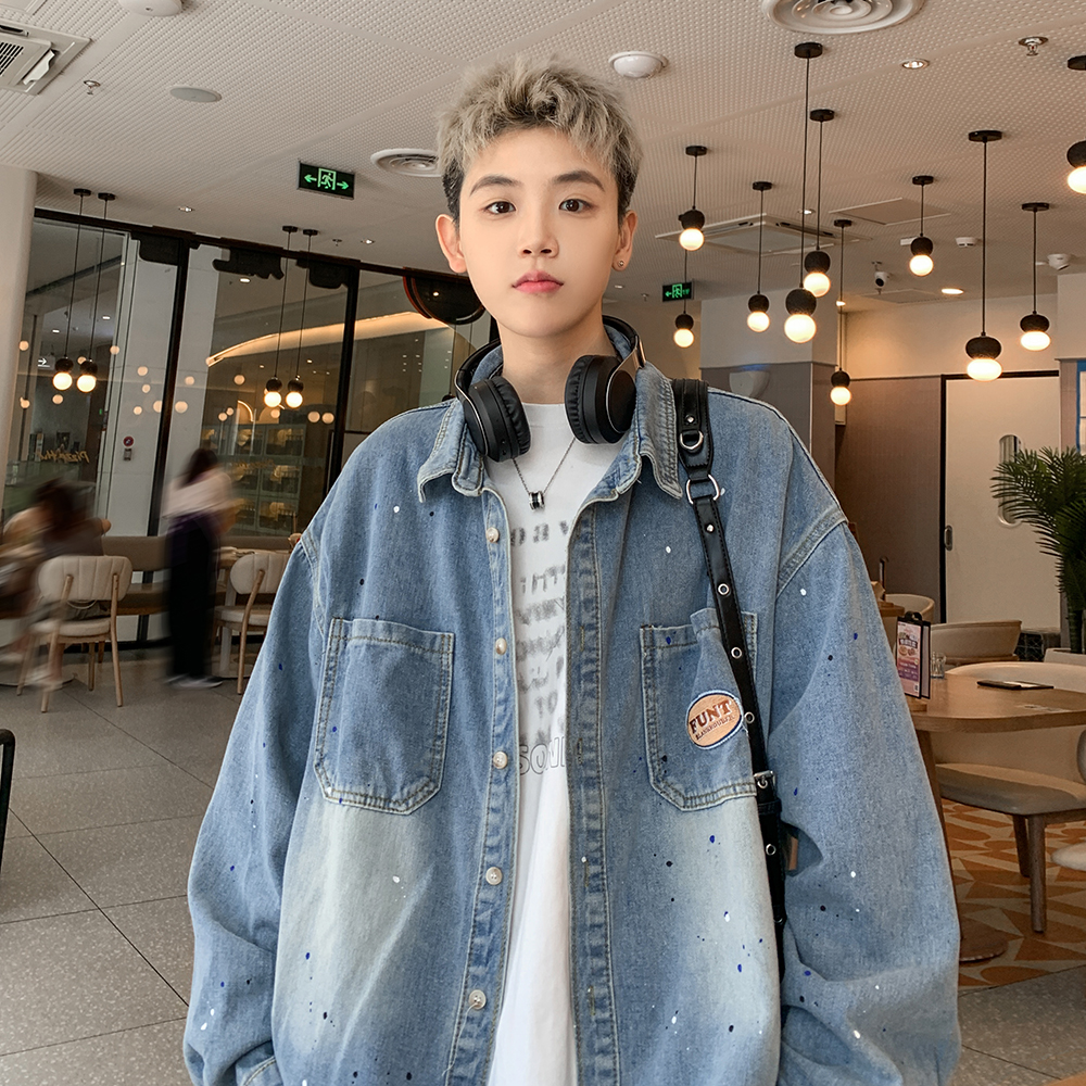 漆点泼墨牛仔衬衫男2025春秋新款美式水洗青少年宽松长袖衬衣外套 - 图2