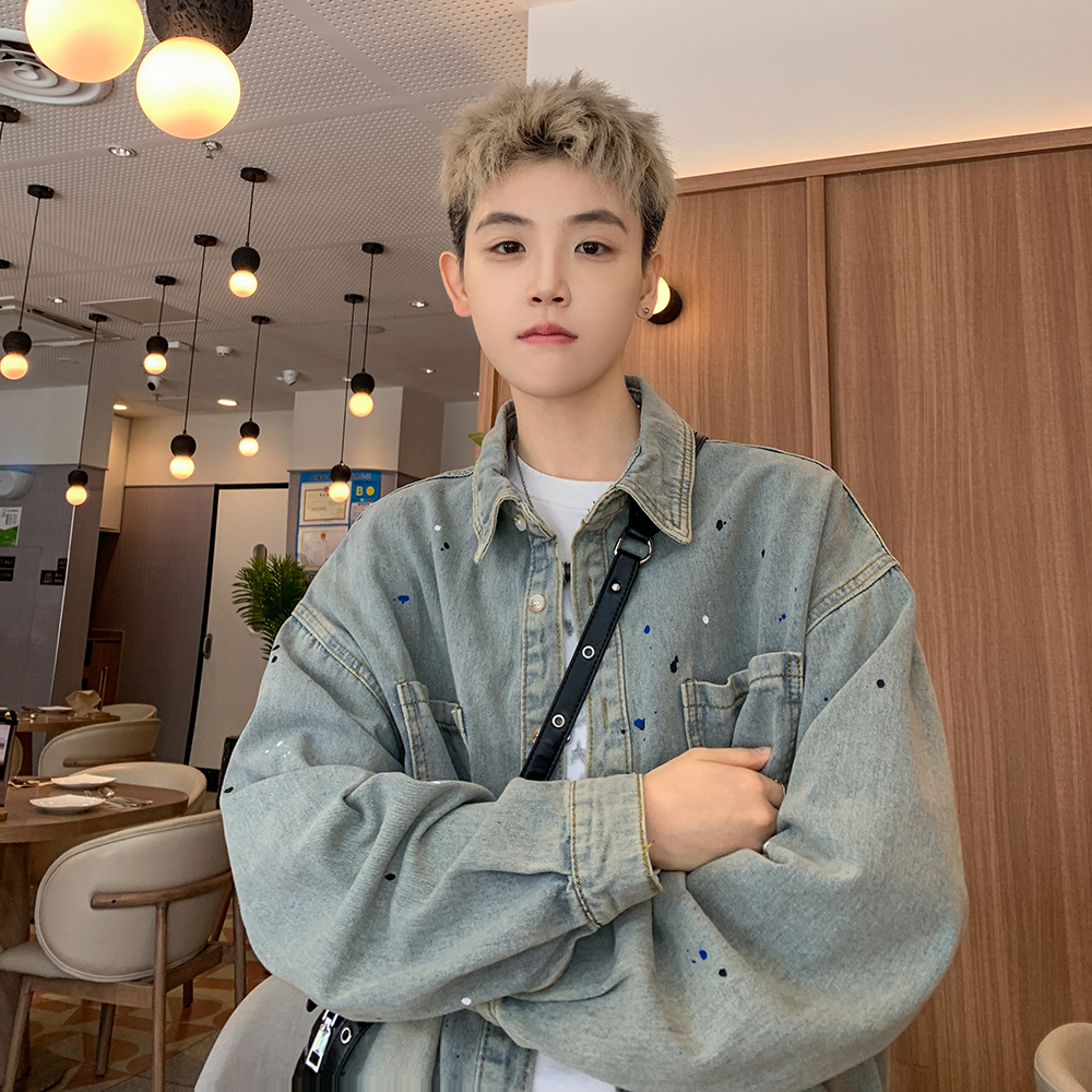 漆点泼墨牛仔衬衫男2025春秋新款美式水洗青少年宽松长袖衬衣外套 - 图3