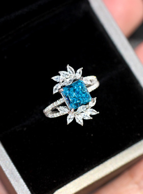 冰花切方形海蓝宝戒指女
