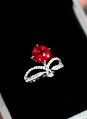 枕形红宝石戒指女925银镀18K铂金