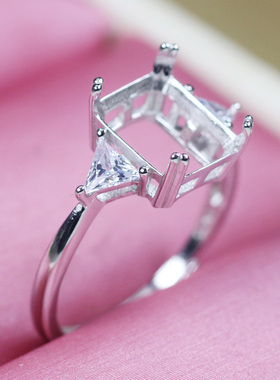 冰花切雷迪恩钻戒托长方形戒指空托未镶嵌女士925纯银镀18K金活口