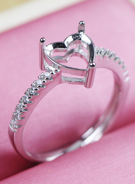 心形戒指托女925纯银度18K金爱心宝石托架免费镶嵌钻戒托空托开口