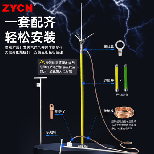 家用避雷针屋顶室外别墅 工业防雷器绝缘杆避雷针整套不锈钢户外 - 图1