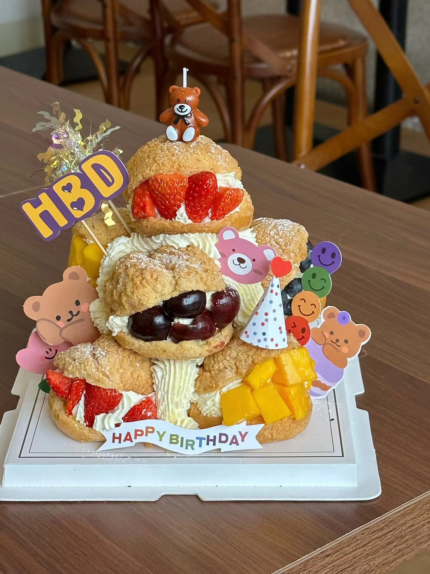 韩国ins风泡芙塔蛋糕装饰 卡通可爱小熊云朵hbd生日蛋糕插牌插件
