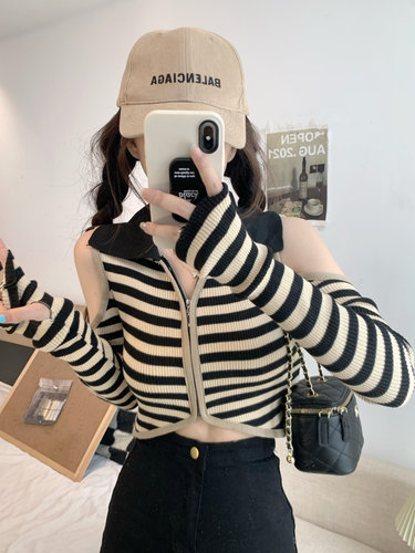 复古辣妹条纹POLO领针织拉链开衫女春秋露肩长袖短款露脐bm上衣潮 - 图3