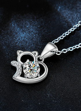 可爱猫咪吊坠S925纯银项链饰品生日礼物送女友精致莫桑石钻锁骨链