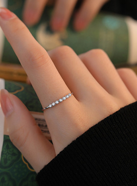 S925纯银莫桑石钻戒开口可调节戒指女简约小清新百搭细款单排指环