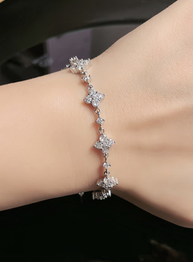 S925纯银莫桑石钻四叶草手链小众高级感可调节手环四花朵饰品手饰