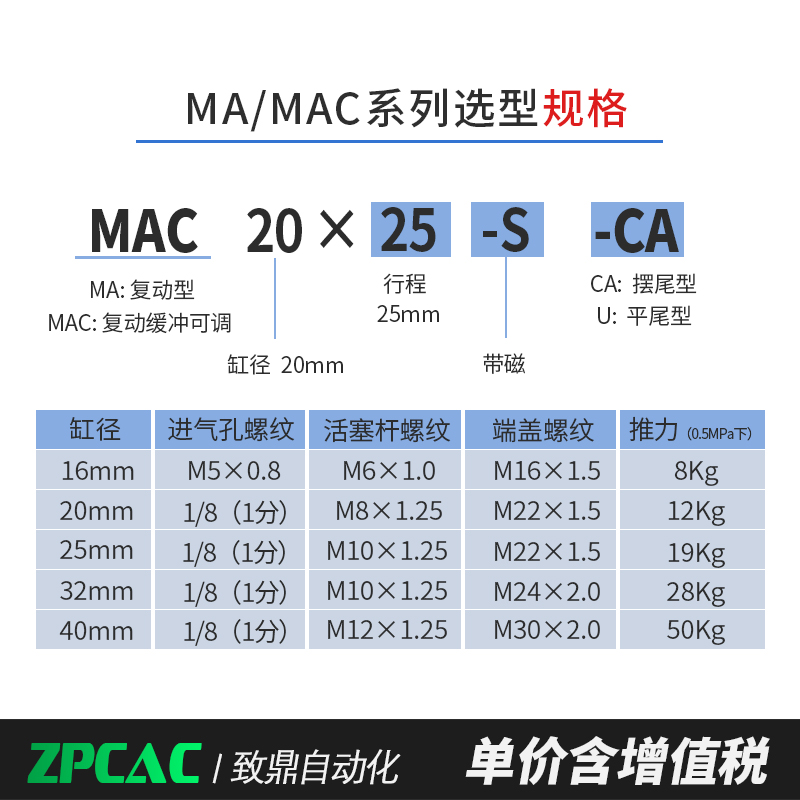 亚德客型不锈钢迷你气缸气缓冲MAC16/20/25/32/40-25X50X75X100S-图3