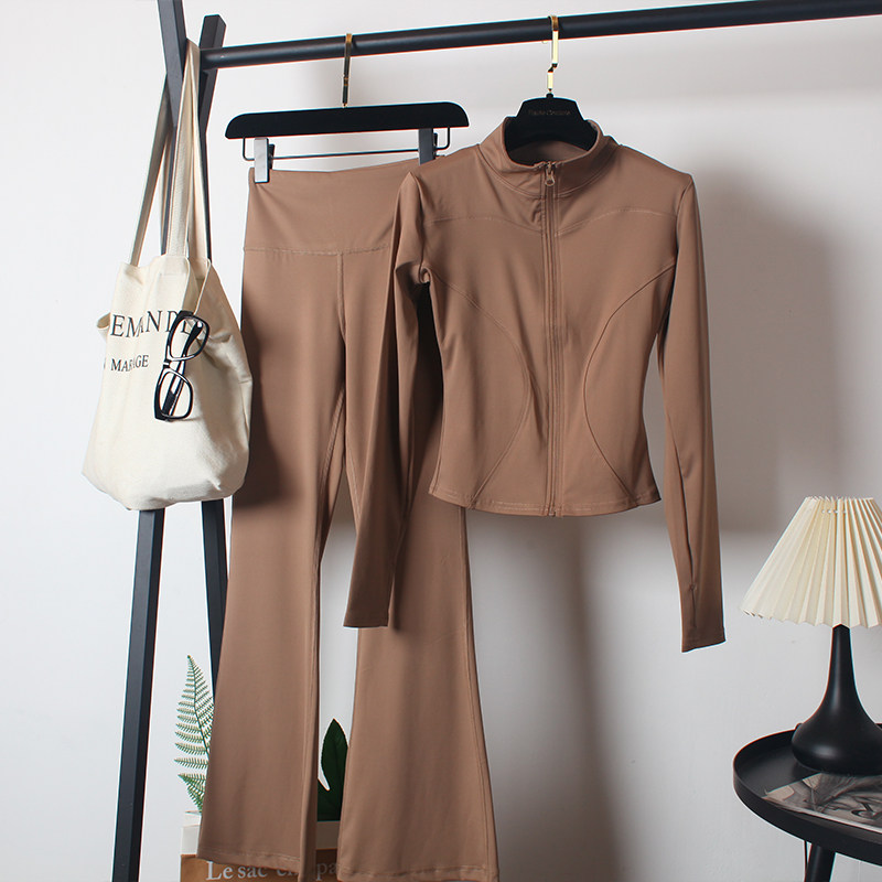 立领健身服套装女秋冬款高腰喇叭裤瑜伽舞蹈训练紧身拉链运动外套,淘宝优惠券,粉丝福利购,淘宝优惠卷