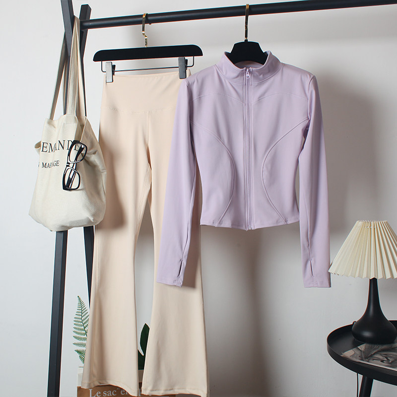 立领健身服套装女秋冬款高腰喇叭裤瑜伽舞蹈训练紧身拉链运动外套,淘宝优惠券,粉丝福利购,淘宝优惠卷