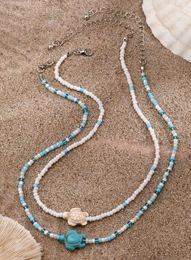 Layered Small Seed Beads Cha with Starfish Turtle Choker Nec