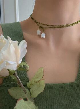 Vintage Olive Crystal Beads White Lily Of The Valley Double