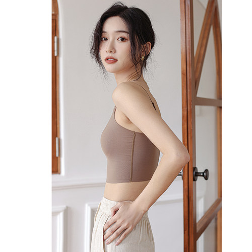 美背吊带内搭女夏季薄款内衣带胸垫背心文胸一体白色打底外穿上衣 - 图0