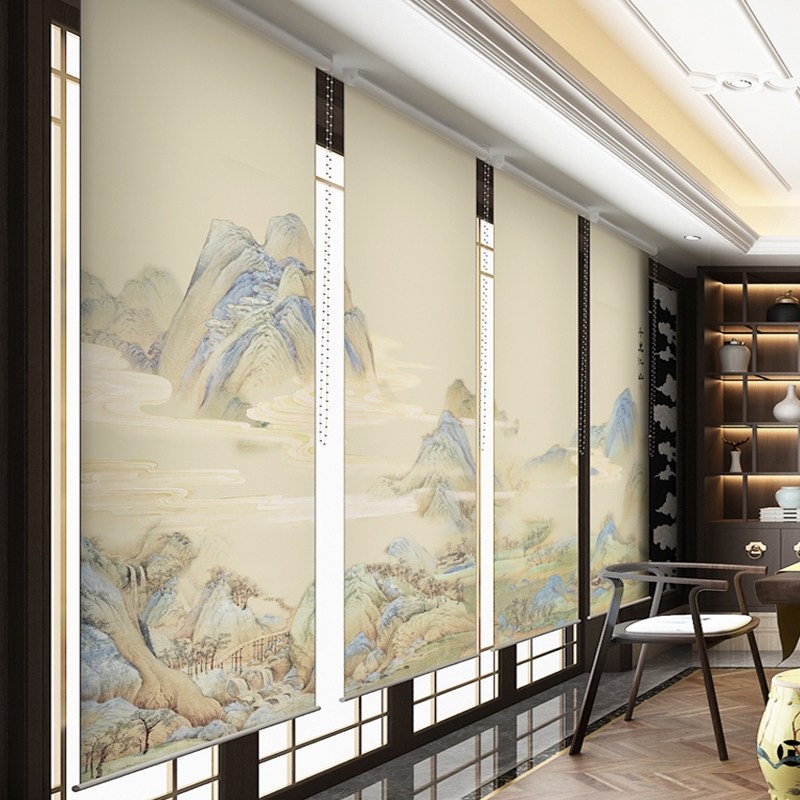 定制中式复古江山水意境窗帘厂家直销客厅玄关风隔断屏风挂画卷帘_虎窝淘