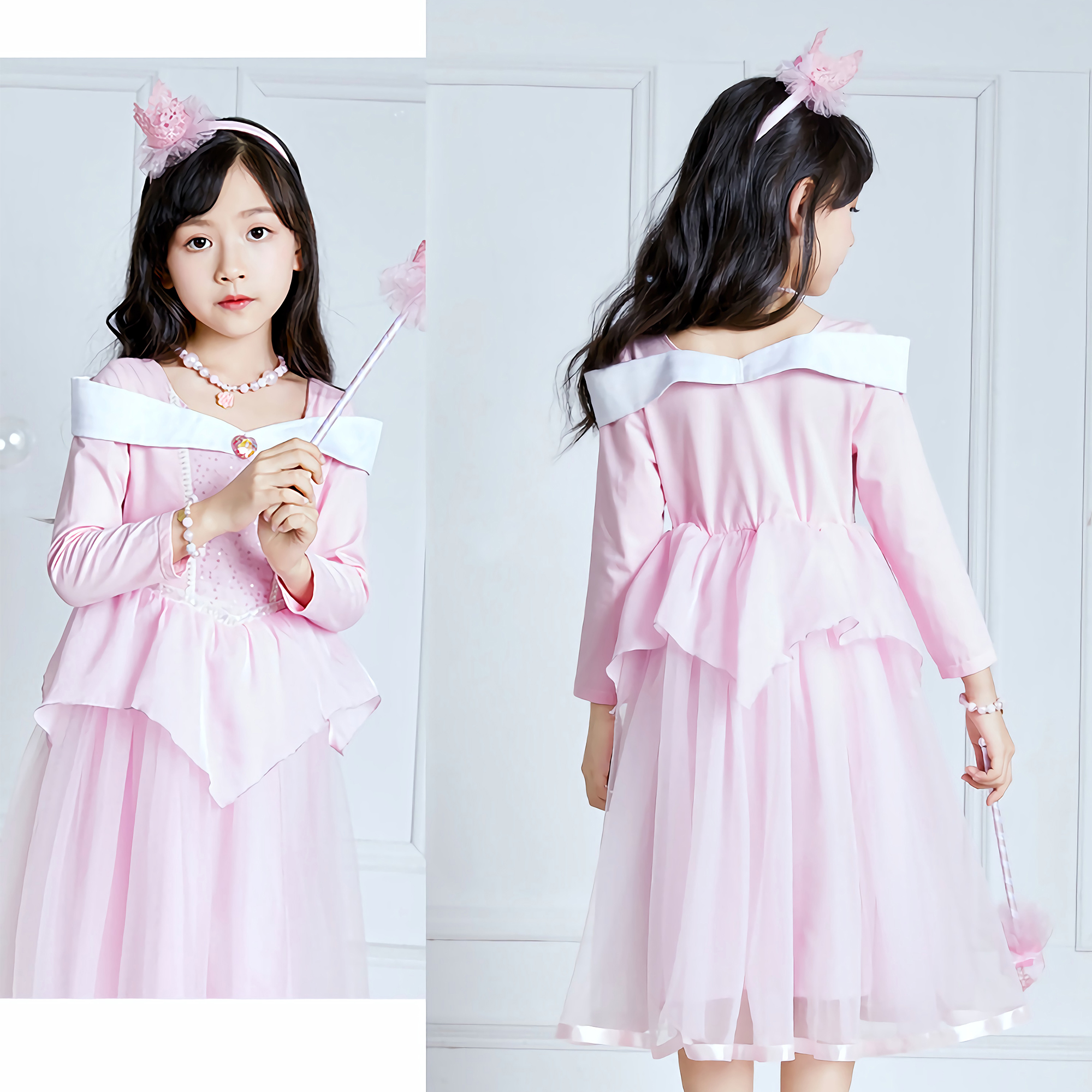 迪士尼乐佩长发白艾莎灰姑娘仙蒂爱洛睡美人公主裙礼服女童演出服 - 图1