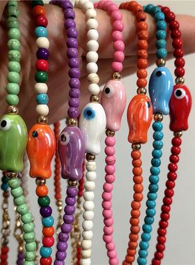 Trend Cute Colorful Ceramic Fish Beaded Choker Necklace For