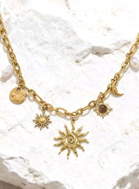 Trendy Sun Moon Shape Imitation Pearl Pendant Necklace Stain